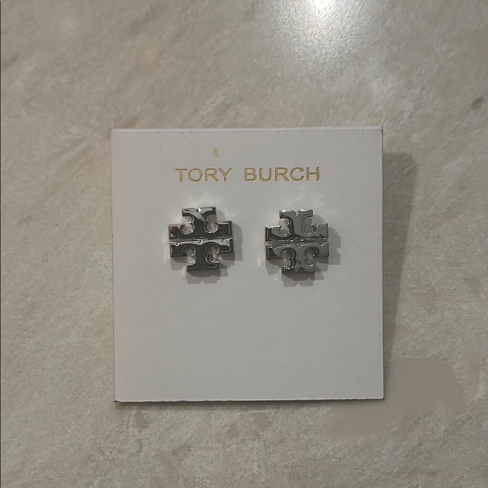 NEW Tory Burch Silver Kira Stud Logo Earrings